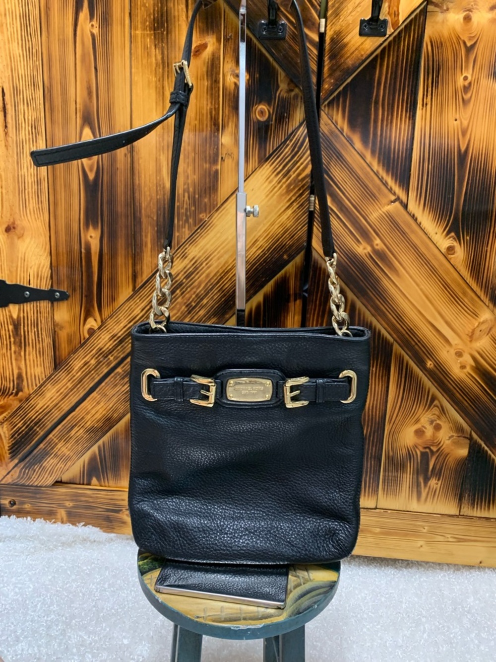 Michael Kors Black Leather Shoulder Bag with Gold Plate Accent